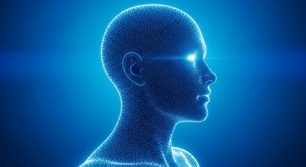 Obraz premium futuristic human profile with digital brain network and glowing neural connections in blue tech environment