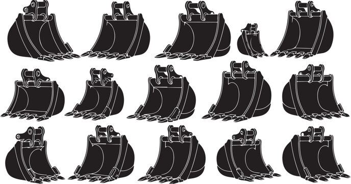 Collection of excavator buckets in various sizes and positions