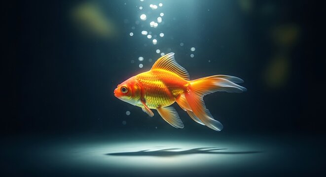 Graceful Goldfish Ascending in Dark Aquarium with Bubbles.