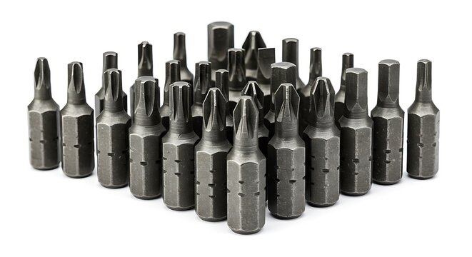 Array of Dark Metallic Screwdriver Bits - Hex, Torx, Phillips, Isolated on White.