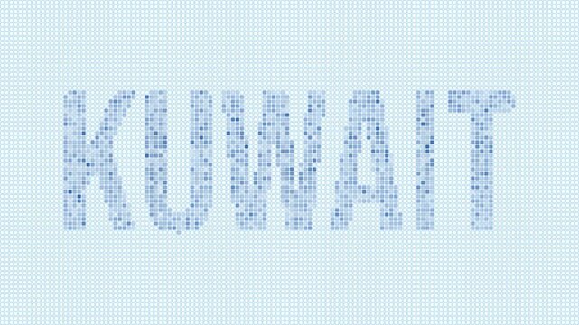 Kuwait dotted map animation. Digital style shape of the country. Kuwait shape and title dots appear with bulb flickering effect. Intro, outro, logo, title video.