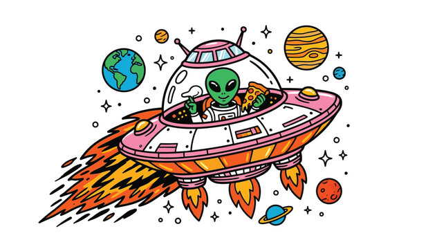 Vibrant Cartoon Alien in Flying Saucer Holding Pizza Slice in Outer Space with Planets and Stars Illustration