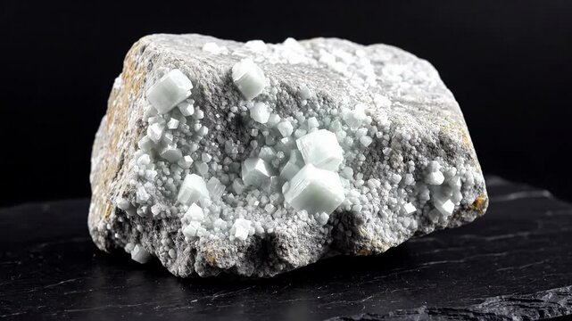 Geological specimen closeup showing cubic pale blue crystals growing on a rough grey mineral matrix, natural science and geology