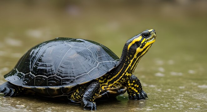 This image features a vibrant semi-aquatic turtle, likely a species like a Yellow-bellied Slider or a Cooter, resting on a wet surface.