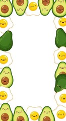 Fototapeta premium Cute avocado and fried egg characters form a decorative frame on a white background.