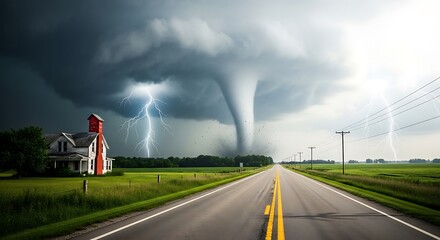 Obraz premium Dramatic thunderstorm with lightning striking over empty rural highway at dusk