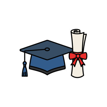 Academic graduation mortarboard hat and certificate scroll with red bow for university commencement ceremony