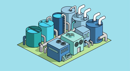 Naklejka premium Isometric Industrial Plant with Storage Tanks and Processing Units.