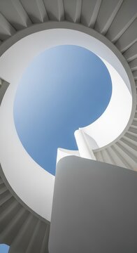 Spiral staircase geometry frames a clear blue sky from a bottom-up perspective.
