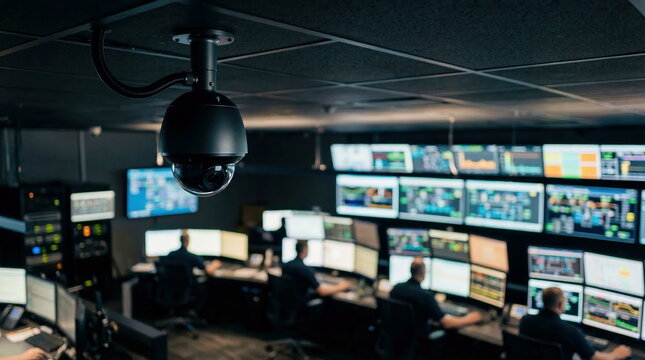 A CCTV camera monitors a dark control room with operators analyzing data on multiple glowing screens, symbolizing security, surveillance, and digital protection.