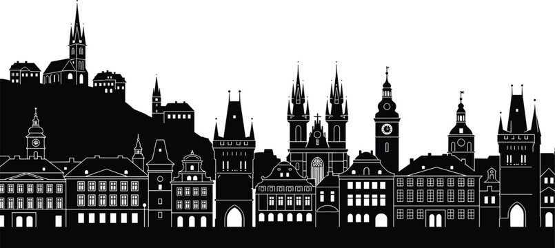 Historic European City Skyline Silhouette with Gothic Towers Clock Buildings and Old Town Architecture Travel Vector Illustration