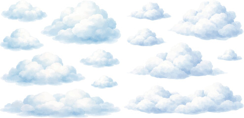Fototapeta premium A charming watercolor collection of cumulus clouds featuring soft blue and white fluffy sky formations illustrated in a light atmospheric style.