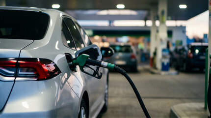 Fototapeta premium A close-up view of a white car at a gas station.