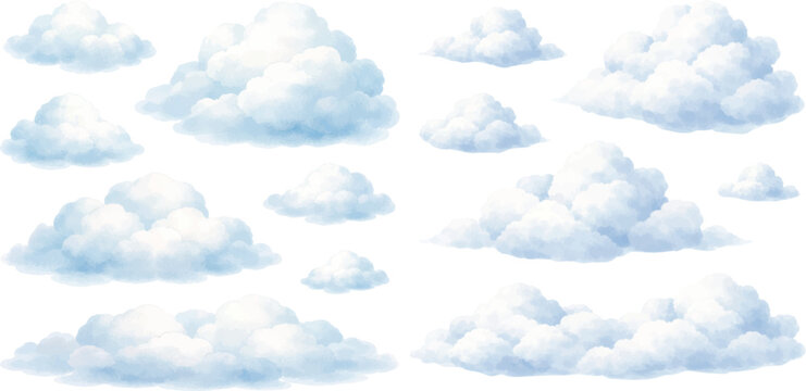 A charming watercolor collection of cumulus clouds featuring soft blue and white fluffy sky formations illustrated in a light atmospheric style.