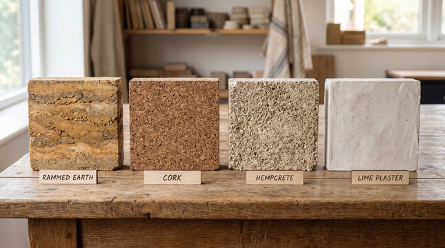 Architectural samples rammed earth cork hempcrete