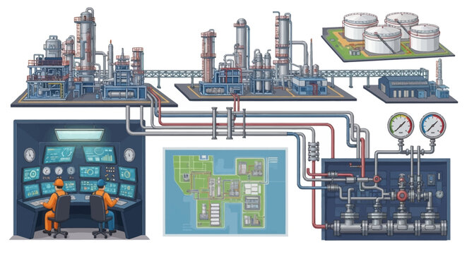 Detailed vector illustration showcasing an energy infrastructure design, featuring a sprawling oil and gas plant connected to a control center via a complex network of pipelines, all