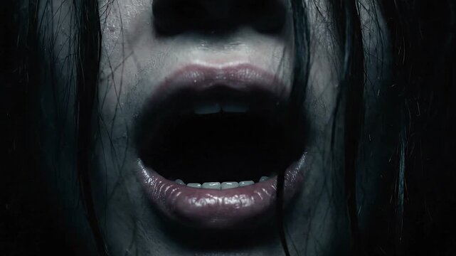 Woman screaming in dark background.