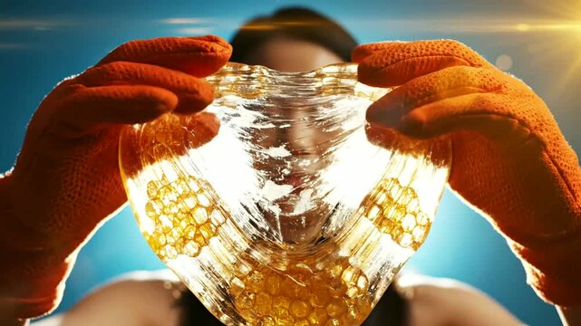 Woman stretches asian sweet honeycomb candy or Woman pulls taffy honeycomb candy