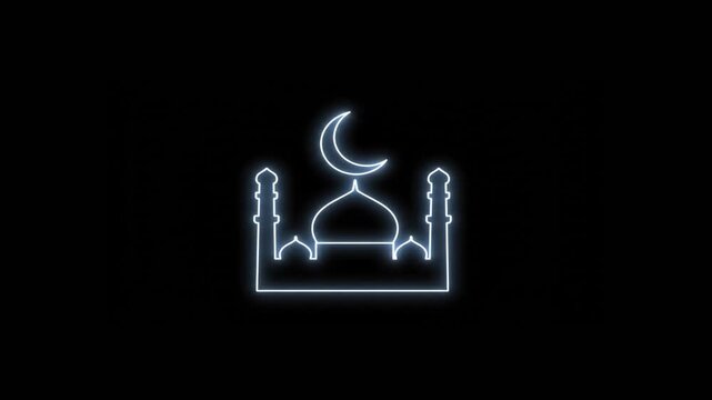 A minimalist neon outline of a mosque with a crescent moon above its dome, set against a stark black background.