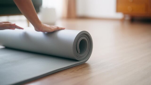 Young Asian woman doing yoga, twisting on a mat in the living room at home