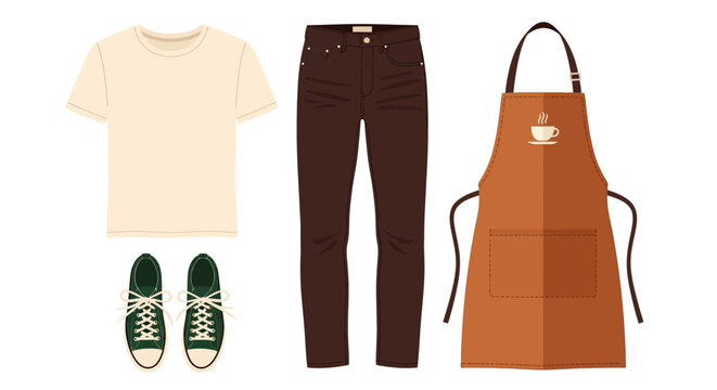Barista or coffee shop worker uniform flat illustration set with apron, t-shirt, jeans, and sneakers