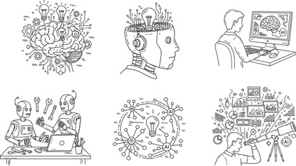 Obraz premium Artificial intelligence line icons set with brain robot data analysis innovation technology research automation vector illustration modern outline collection