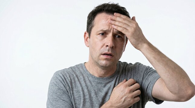 Man Feeling Hot and Sweaty Wiping Forehead in Discomfort