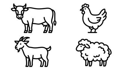Obraz premium Agriculture Farm Animals Icons. Cow, Chicken, Goat, Sheep Black White Line Art.