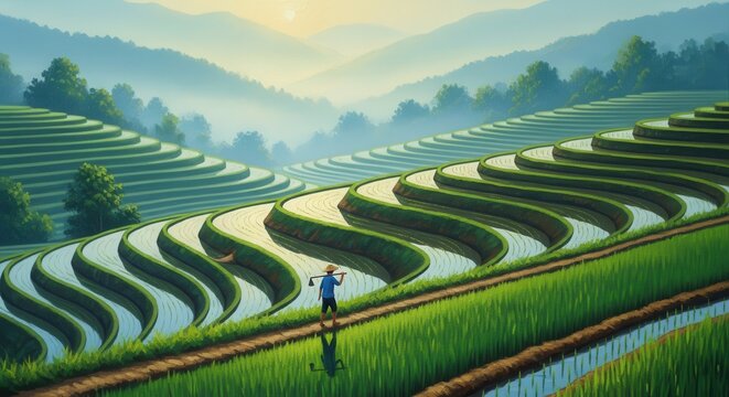 Farmer walks along a path between lush green terraced rice paddies in a misty mountain valley during sunrise.