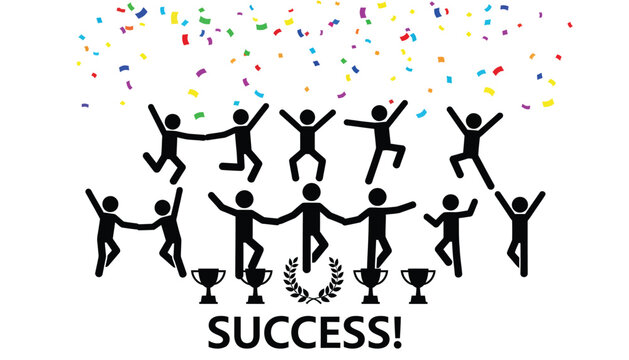 Group of happy stick figures celebrating victory with colorful confetti and gold trophy cups for team achievement