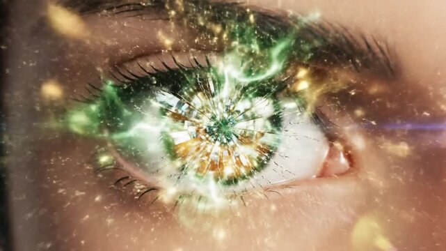 Close-up of a human eye with a futuristic, glowing, and fragmented iris, surrounded by ethereal light particles and energy waves, symbolizing digital vision and advanced technology.