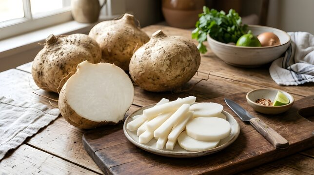 Fresh raw jicama roots whole and sliced on a rustic wooden table in a bright kitchen.