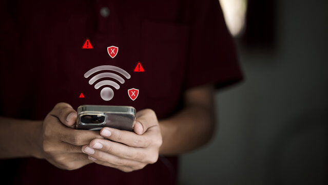 WiFi Security Risk and Network Connection Error with Warning and Cybersecurity Alert Icons