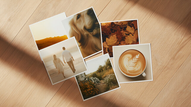 Photographic Memories: A curated collection of photographic prints lies artfully arranged, each one a window into cherished moments of life, nature, and heartfelt connection.