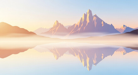 Obraz premium Breathtaking mountain landscape illustration with serene lake reflection under soft morning light and ethereal fog in peaceful wilderness environment