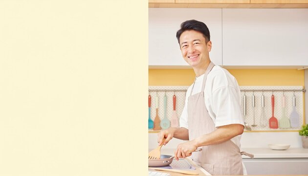 料理を楽しむ笑顔の男性　キッチンで家事をするパパ