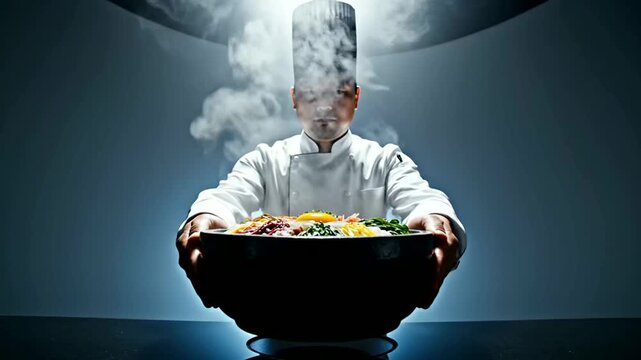 Chef presents a steaming bowl of bibimbap in a dramatic setting or Chef proudly showcases a smoky asian dish in a studio