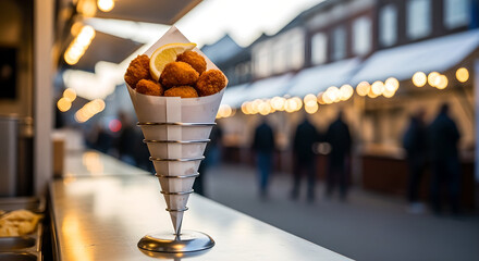 Naklejka premium A close up showcases a paper cone overflowing with golden brown fried fish garnished with a lemon wedge at a market
