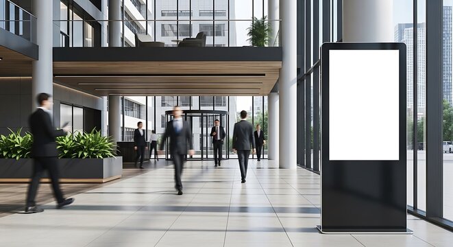 Vertical digital signage display with a white screen stands in a bright corporate building lobby as professional business people walk past it