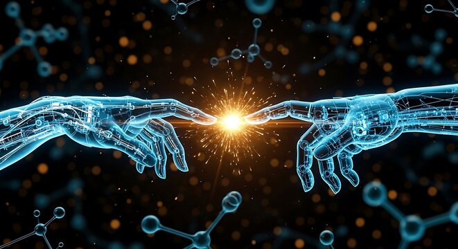 Digital hands touching fingertips with a glowing bright spark between them against a dark background with blurred blue molecular structures
