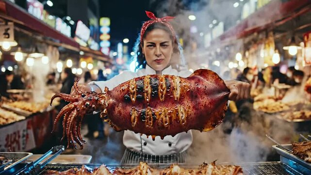 Chef proudly presents grilled squid at a vibrant asian food market or woman chef showcases grilled squid at a bustling street food stall