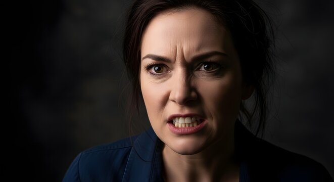 Close up portrait of a woman with an intense angry facial expression showing clenched teeth and furrowed brows