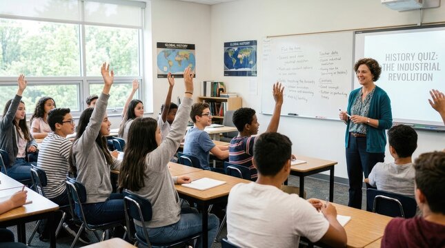 A female teacher stands before a classroom of students, conducting a history quiz on The Industrial Revolution. Several students raise their hands, indicating they want to answer questions.
