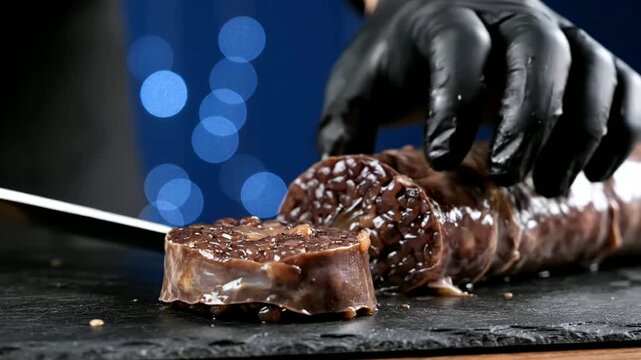 Slicing korean blood sausage with knife on slate or chef cuts sundae sausage preparing food