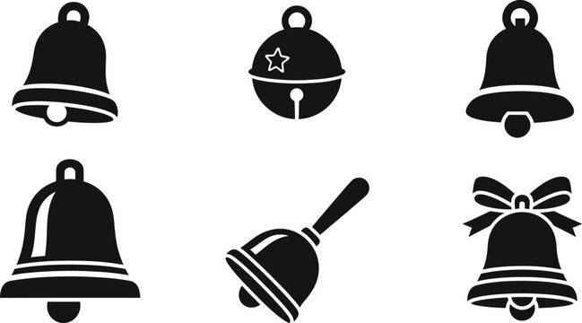 Collection of various black silhouette bells and chime icons on a white background