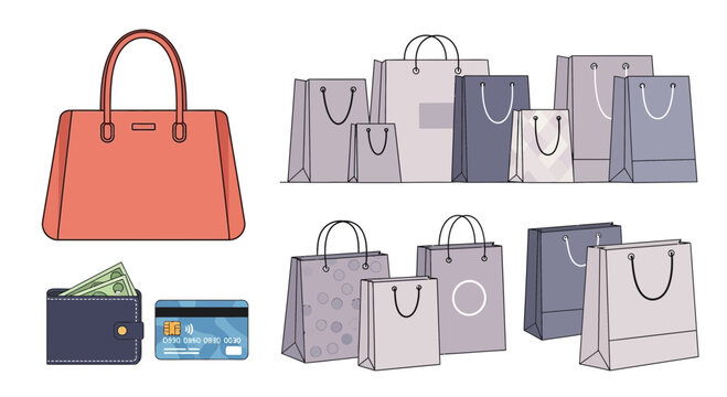 Ecommerce delivery shopping bags and wallet with cash and credit card