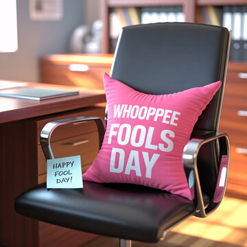 Pink square whoopee cushion prank on office chair with happy fool day sticky note, april fools day office prank concept