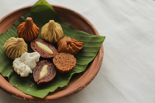 A close up view of traditional indonesian kue putu displayed on a rustic terracotta plate with banana leaves
