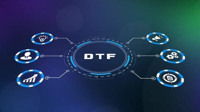  DTF direct to film printing and digital transformation framework concept with high tech business icons.

