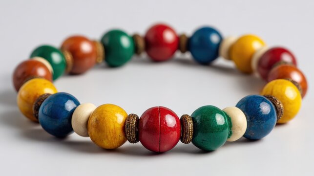 Colorful wooden bead bracelet displayed on light background